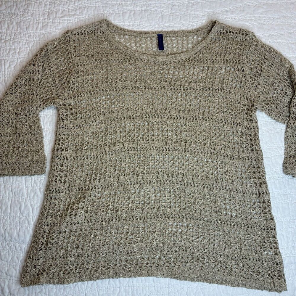 Open knit crochet mesh beige sweater Sz L airy lightweight layer 3/4 sleeve boho